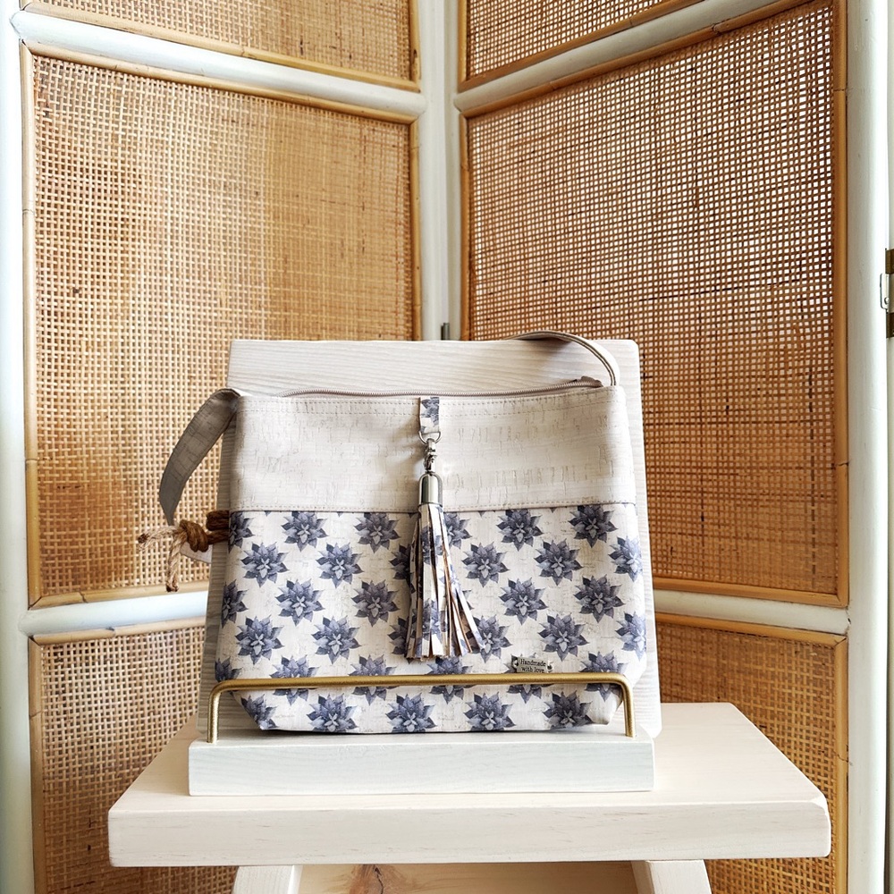 Natural Cork Purse: Tassel Zip Pocket & Blue Lotus Design